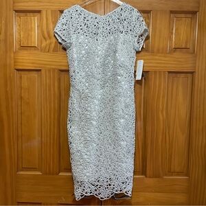 KM Collections Silver Metallic Bodycon Dress with Lace Overlay Size 6 NWT